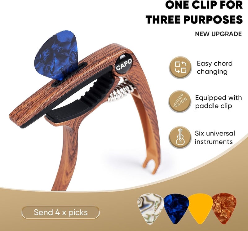 Aarvi 6-String Guitar Capo for Acoustic & Electric Guitars - Universal Clamp with 4 Premium Picks - Compatible with Ukulele, Banjo, Mandolin (Rosewood) - Image 2